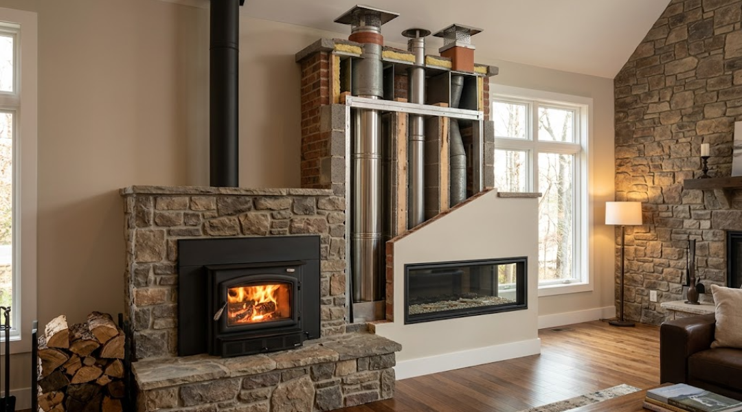 Complex chimney system with multiple flues and fireplace inserts requiring specialized chimney inspection and cleaning