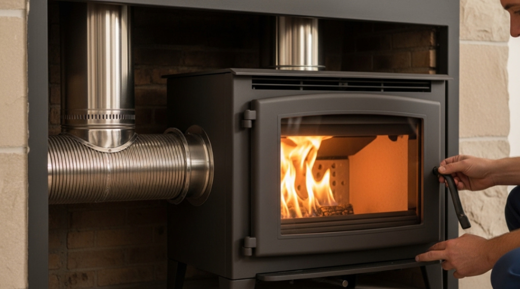 Modern fireplace insert with stainless steel liner installed in masonry chimney for reduced emissions and safer venting