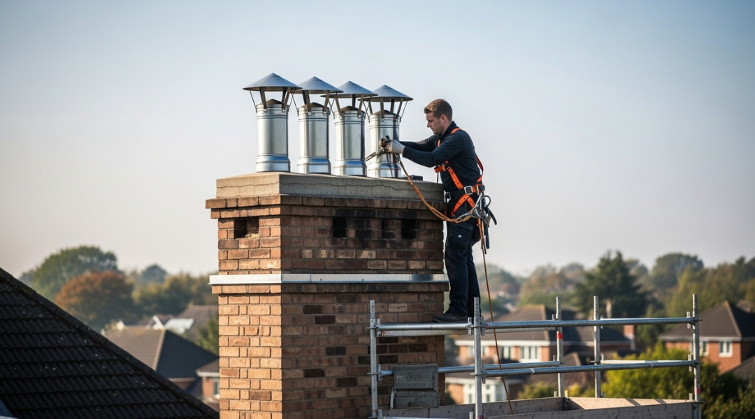 Technician servicing multi-flue chimney on residential roof with multiple vents and safety setup in Sterling VA