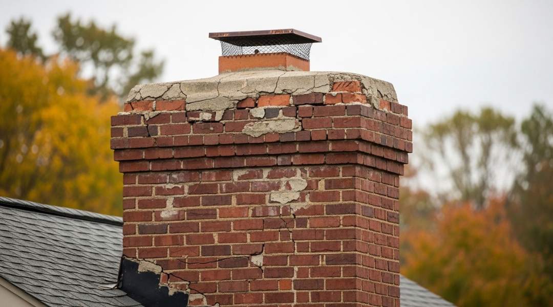 Older brick chimney in Loudoun County showing cracked mortar joints and spalling bricks from long-term weather exposure