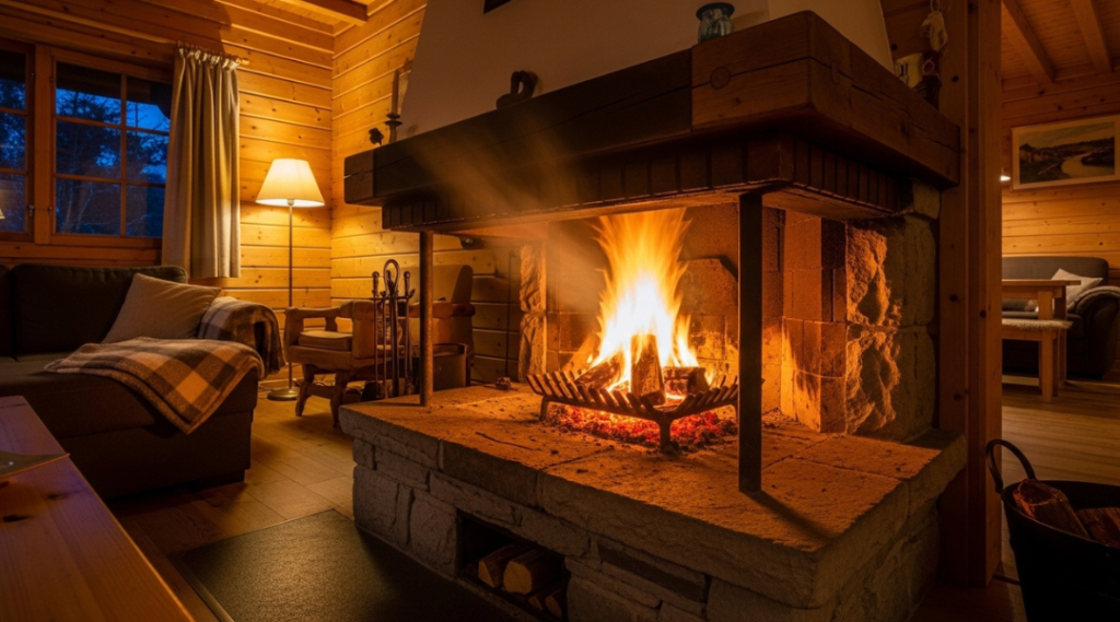 Open wood-burning fireplace in a cozy cabin setting used for ambiance where heating efficiency is not the priority