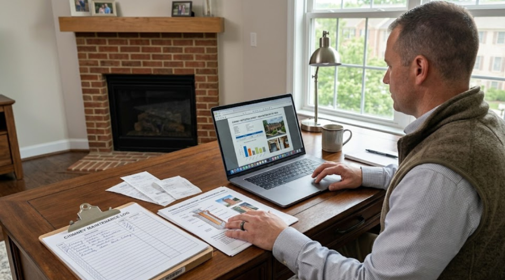 Landlord reviewing chimney inspection reports and maintenance records for rental property compliance and safety documentation