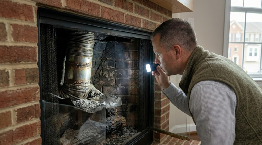 Homeowner inspecting interior chimney liner showing routine maintenance that does not require HOA approval in Northern Virginia