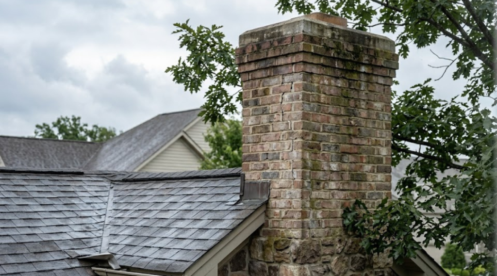 Weathered chimney in Loudoun County showing effects of rain, wind, and freeze thaw cycles on brick and mortar
